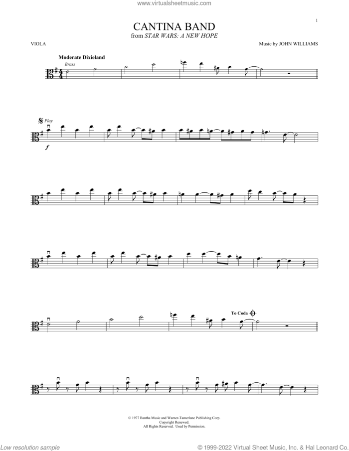 Cantina Band (from Star Wars: A New Hope) sheet music for viola solo by John Williams, intermediate skill level