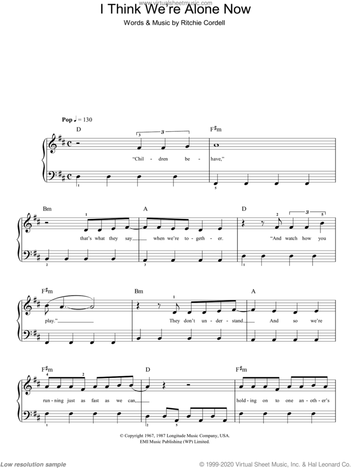 I Think We're Alone Now sheet music for piano solo by Tiffany and Ritchie Cordell, easy skill level