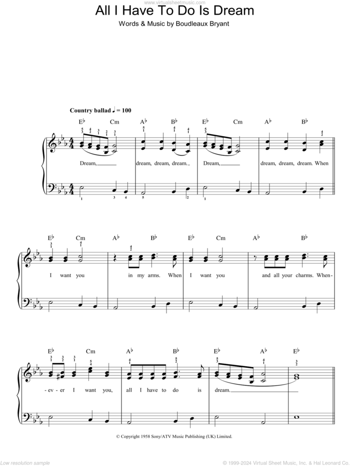 All I Have To Do Is Dream, (easy) sheet music for piano solo by Everly Brothers and Boudleaux Bryant, easy skill level