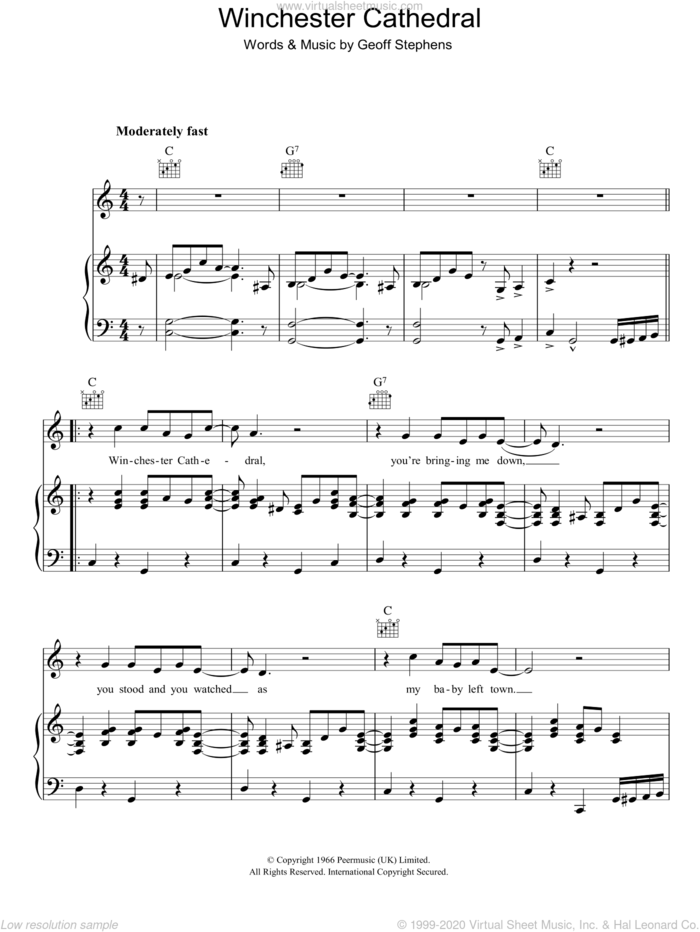 Winchester Cathedral sheet music for voice, piano or guitar by The New Vaudeville Band and Geoff Stephens, intermediate skill level