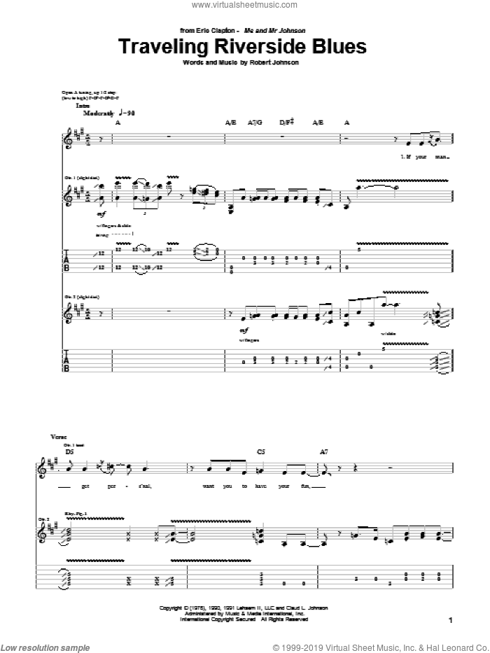 Traveling Riverside Blues sheet music for guitar (tablature) by Eric Clapton and Robert Johnson, intermediate skill level