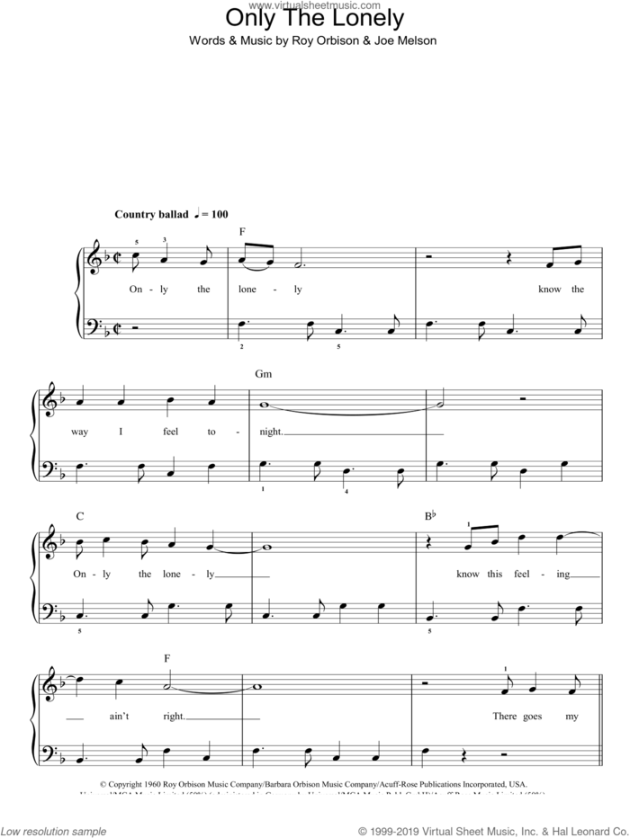 Only The Lonely sheet music for piano solo by Roy Orbison and Joe Melson, easy skill level