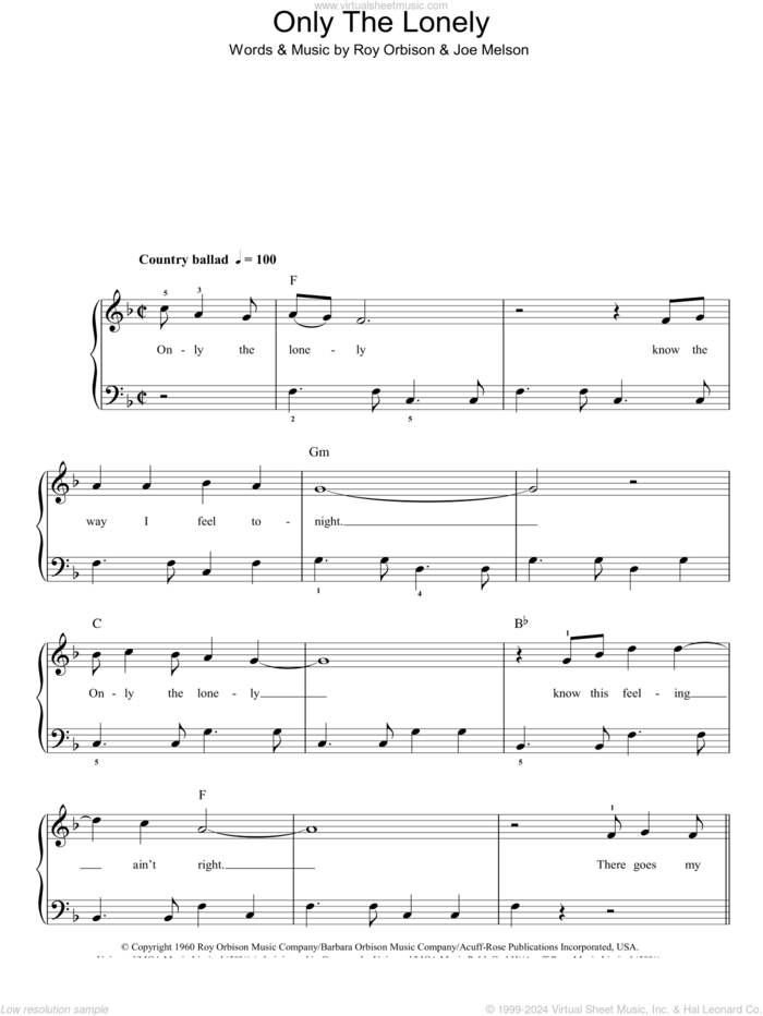 Only The Lonely sheet music for piano solo by Roy Orbison and Joe Melson, easy skill level