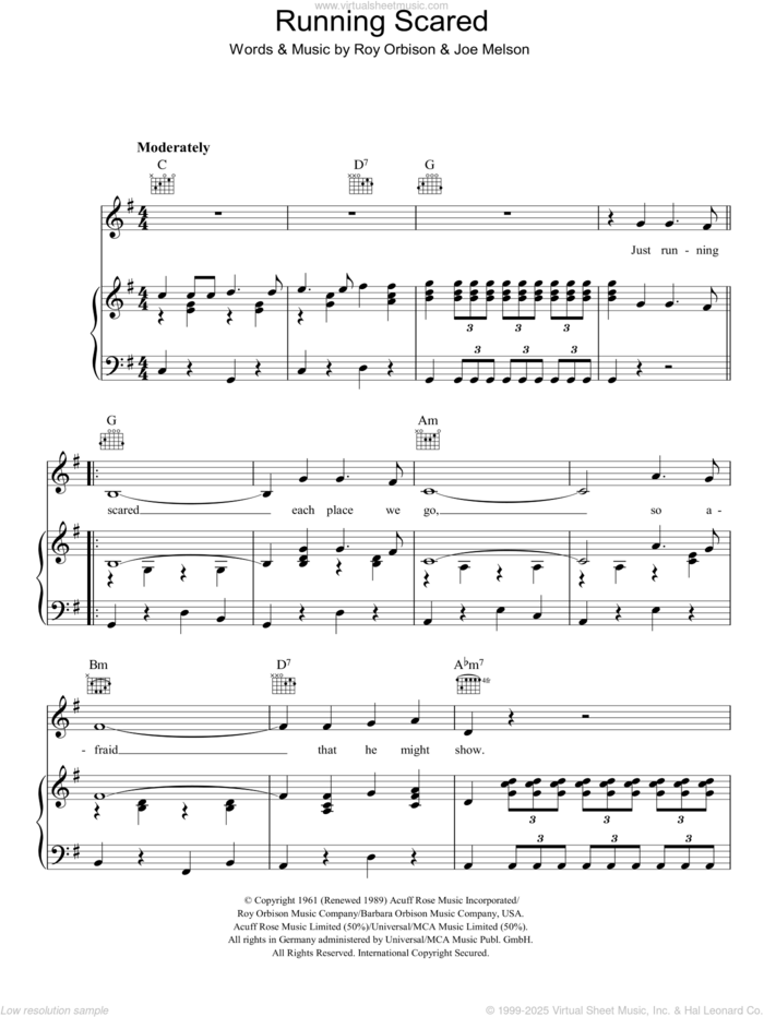 Running Scared sheet music for voice, piano or guitar by Roy Orbison and Joe Melson, intermediate skill level