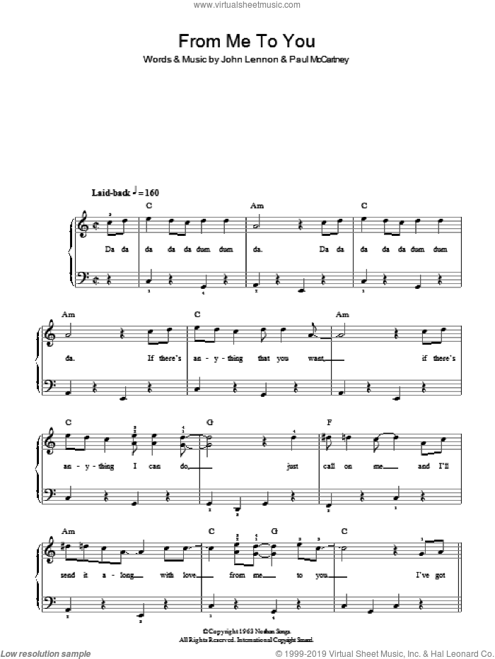 From Me To You sheet music for piano solo by The Beatles, John Lennon and Paul McCartney, easy skill level