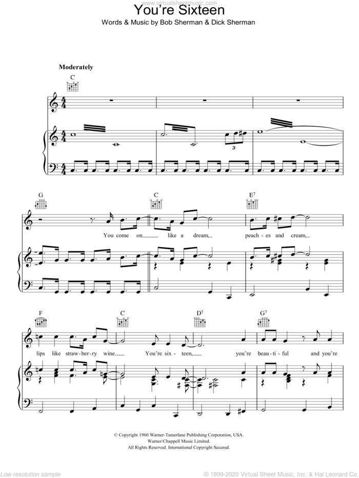 You're Sixteen (You're Beautiful And You're Mine) sheet music for voice, piano or guitar by Ringo Starr, Bob Sherman and Dick Sherman, intermediate skill level