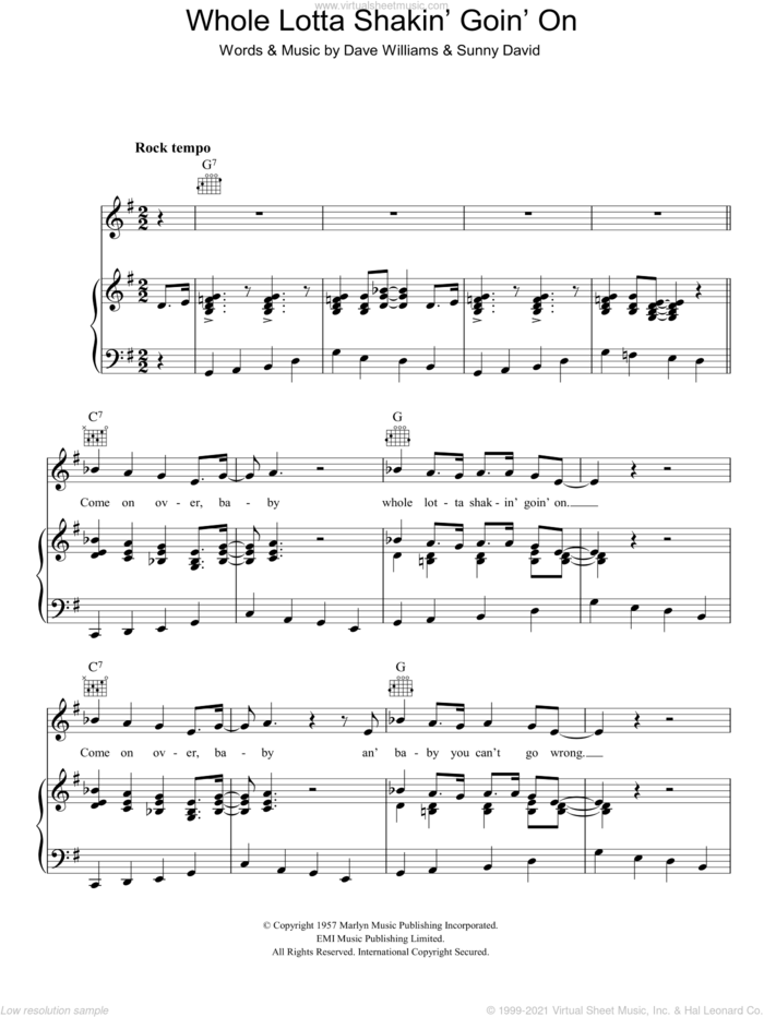 Whole Lotta Shakin' Goin' On sheet music for voice, piano or guitar by Jerry Lee Lewis, Dave Williams and Sunny David, intermediate skill level