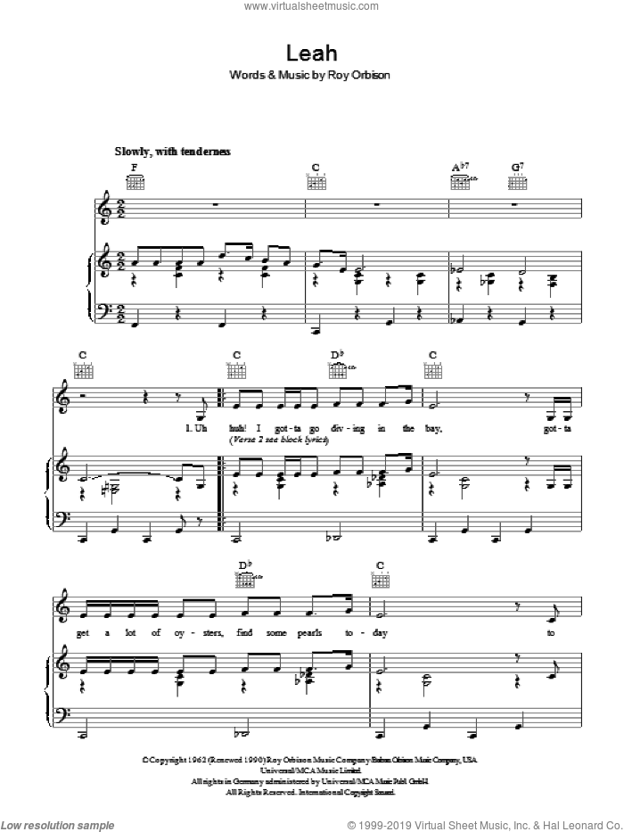 Leah sheet music for voice, piano or guitar by Roy Orbison, intermediate skill level