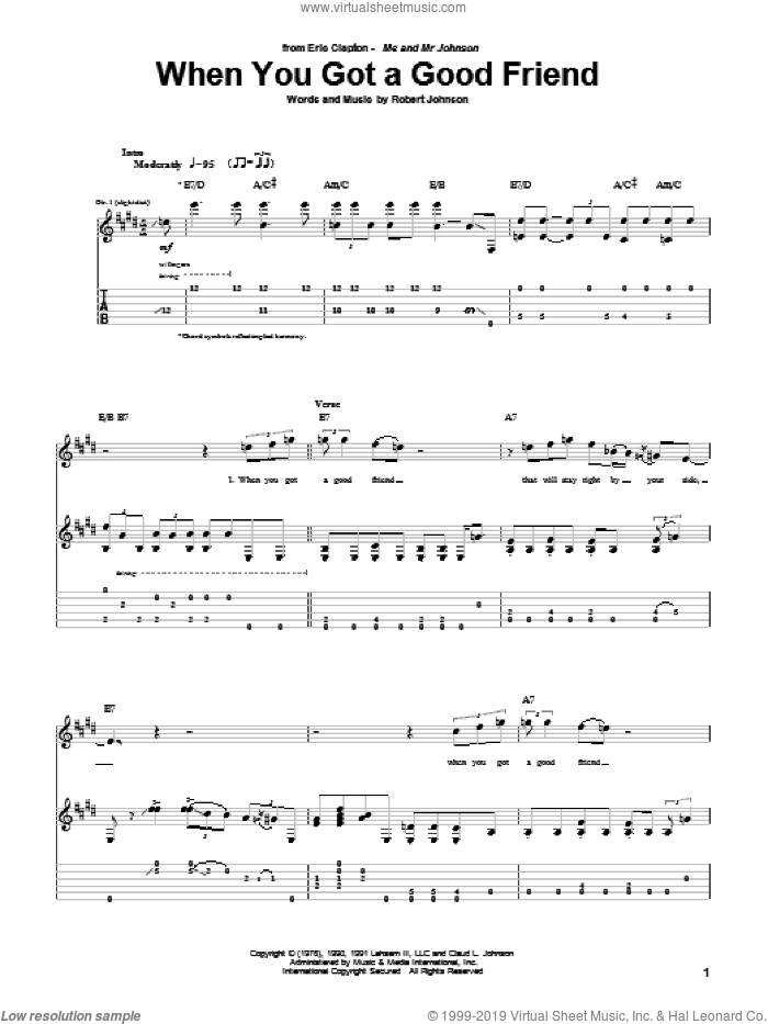 When You Got A Good Friend sheet music for guitar (tablature) by Eric Clapton and Robert Johnson, intermediate skill level