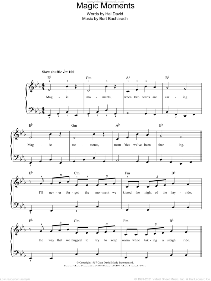 Magic Moments sheet music for piano solo by Perry Como, Burt Bacharach and Hal David, easy skill level
