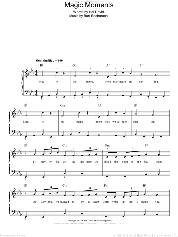 Magic Moments sheet music for piano solo by Perry Como, Burt Bacharach and Hal David, easy skill level