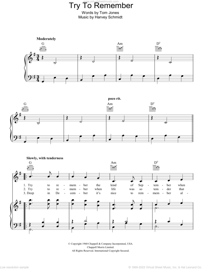 Try To Remember sheet music for voice, piano or guitar by Jerry Orbach, The Fantasticks (Musical), Harvey Schmidt and Tom Jones, intermediate skill level