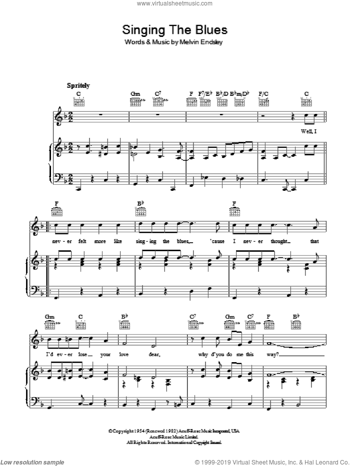 Singing The Blues sheet music for voice, piano or guitar by Tommy Steele, Guy Mitchell, Marty Robbins and Melvin Endsley, intermediate skill level
