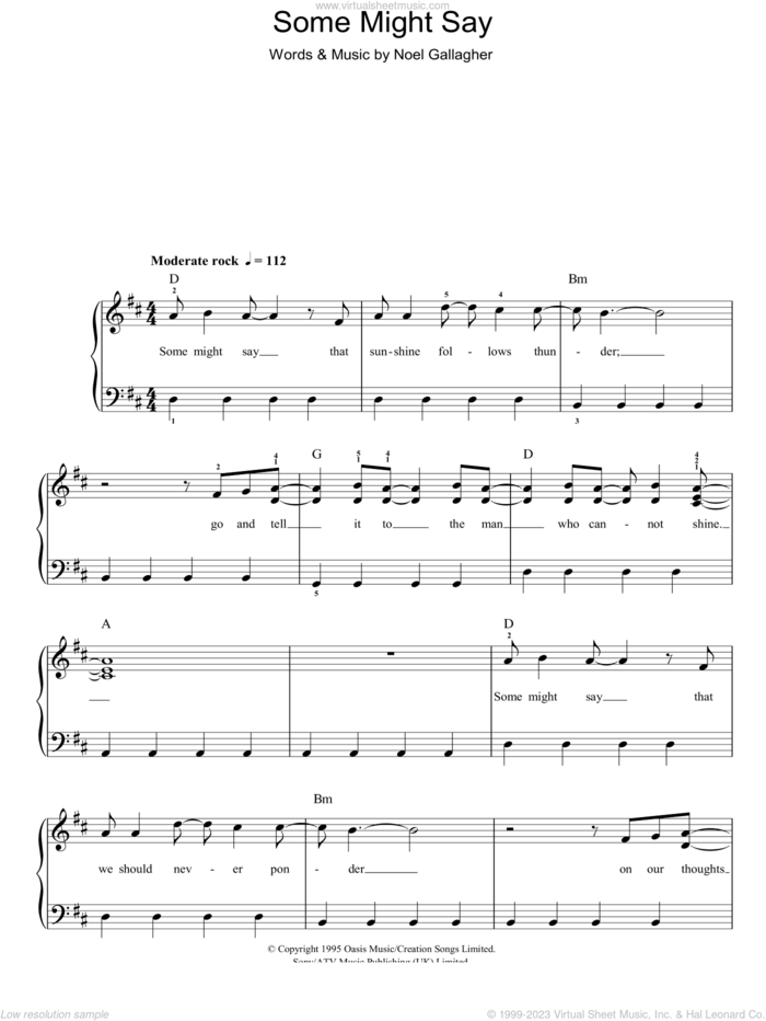 Some Might Say sheet music for piano solo by Oasis and Noel Gallagher, easy skill level