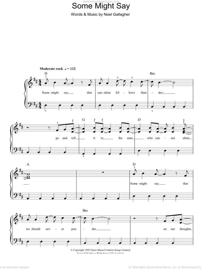 Some Might Say, (easy) sheet music for piano solo by Oasis and Noel Gallagher, easy skill level