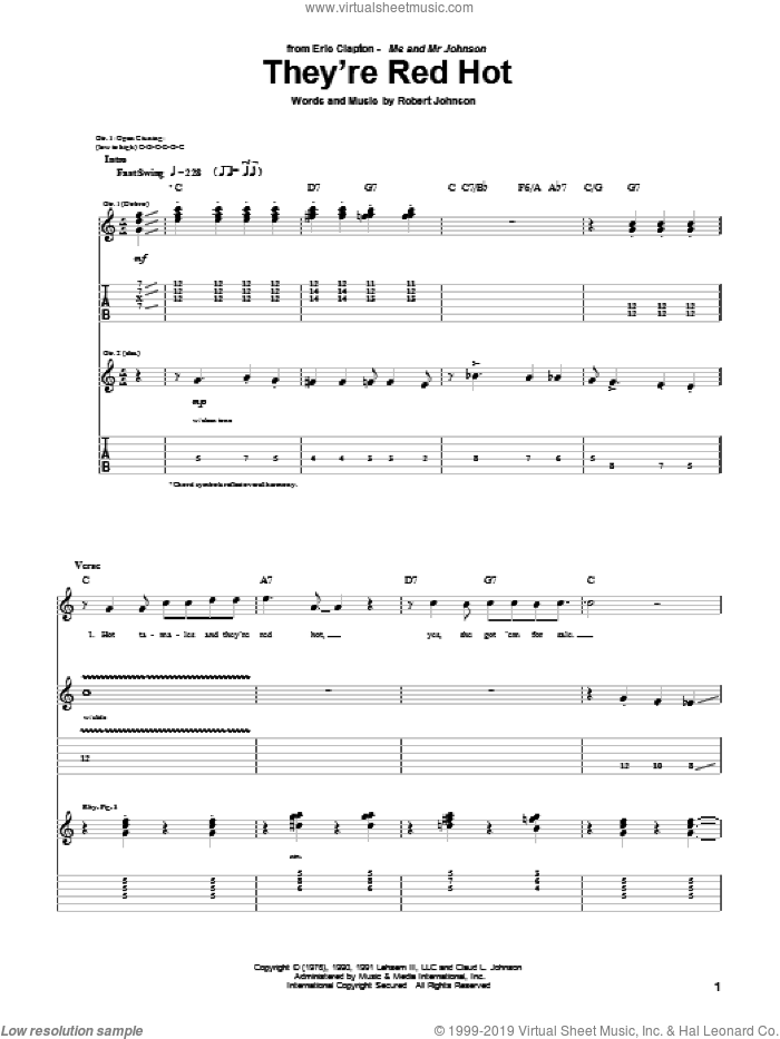 They're Red Hot sheet music for guitar (tablature) by Eric Clapton and Robert Johnson, intermediate skill level