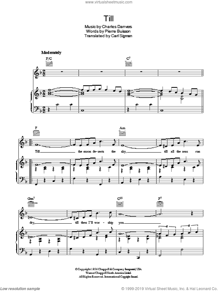 Till sheet music for voice, piano or guitar by Tom Jones, Charles Danvers, Carl Sigman and Pierre Buisson, intermediate skill level