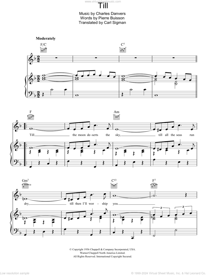 Till sheet music for voice, piano or guitar by Tom Jones, Charles Danvers, Carl Sigman and Pierre Buisson, intermediate skill level
