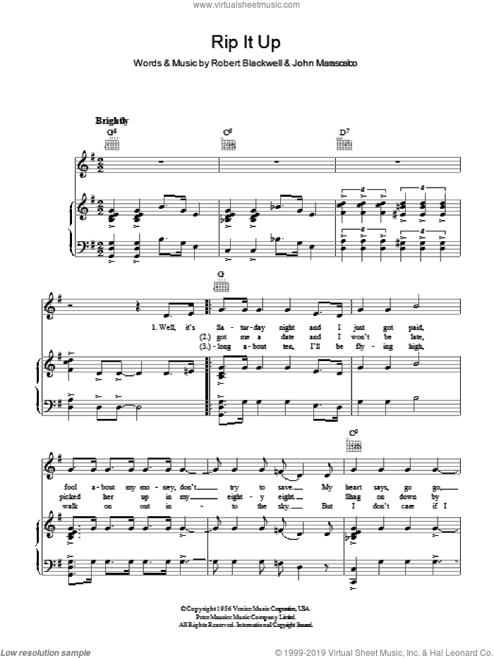 Rip It Up sheet music for voice, piano or guitar by Bill Haley, John Marascalco and Robert Blackwell, intermediate skill level