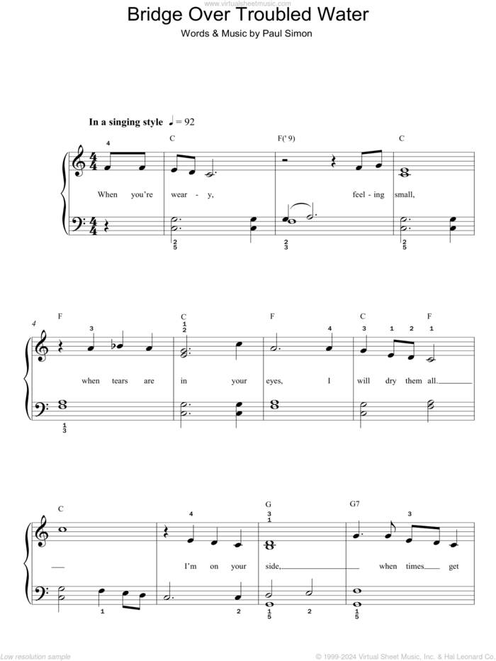 Bridge Over Troubled Water sheet music for piano solo by Simon & Garfunkel and Paul Simon, wedding score, easy skill level