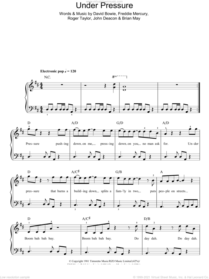 Under Pressure sheet music for piano solo by Queen, David Bowie, Brian May, Freddie Mercury, John Deacon and Roger Taylor, easy skill level