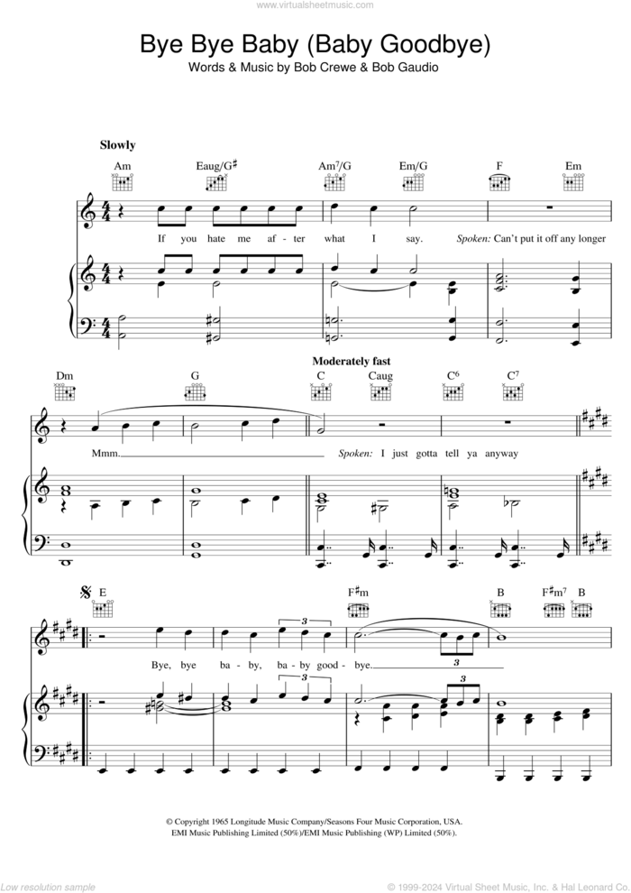 Bye Bye Baby (Baby Goodbye) sheet music for voice, piano or guitar by Bay City Rollers, Bob Crewe and Bob Gaudio, intermediate skill level