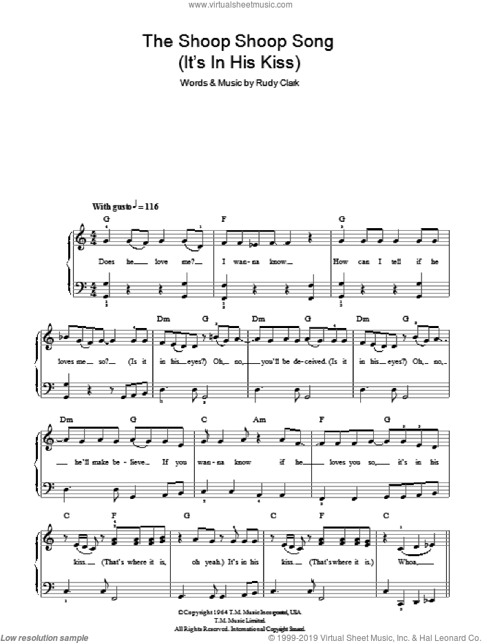 The Shoop Shoop Song (It's In His Kiss) sheet music for piano solo by Cher and Rudy Clark, easy skill level