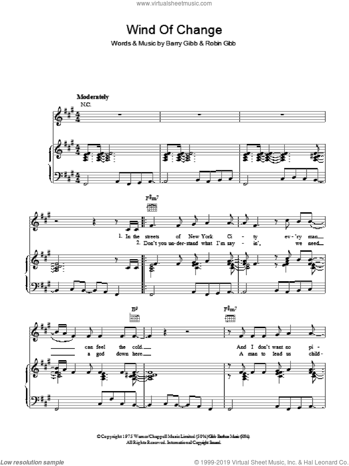 Wind Of Change sheet music for voice, piano or guitar by Bee Gees, Barry Gibb and Robin Gibb, intermediate skill level