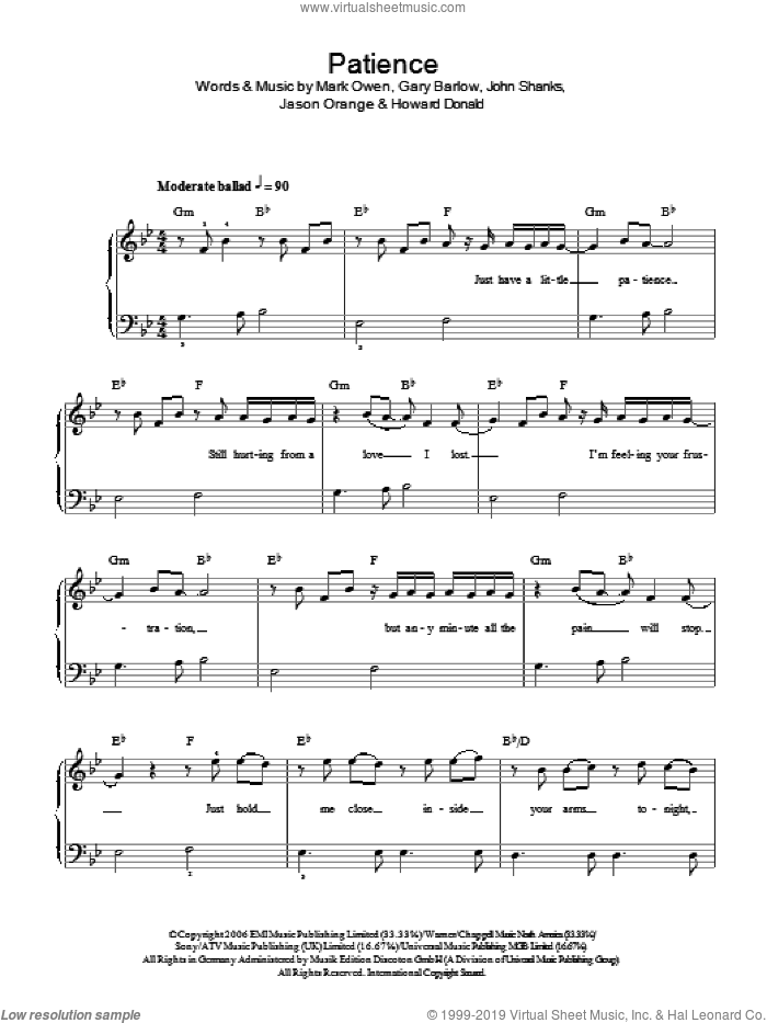 Take That: Patience (Lyrics/Chords) Digital Sheet Music Download