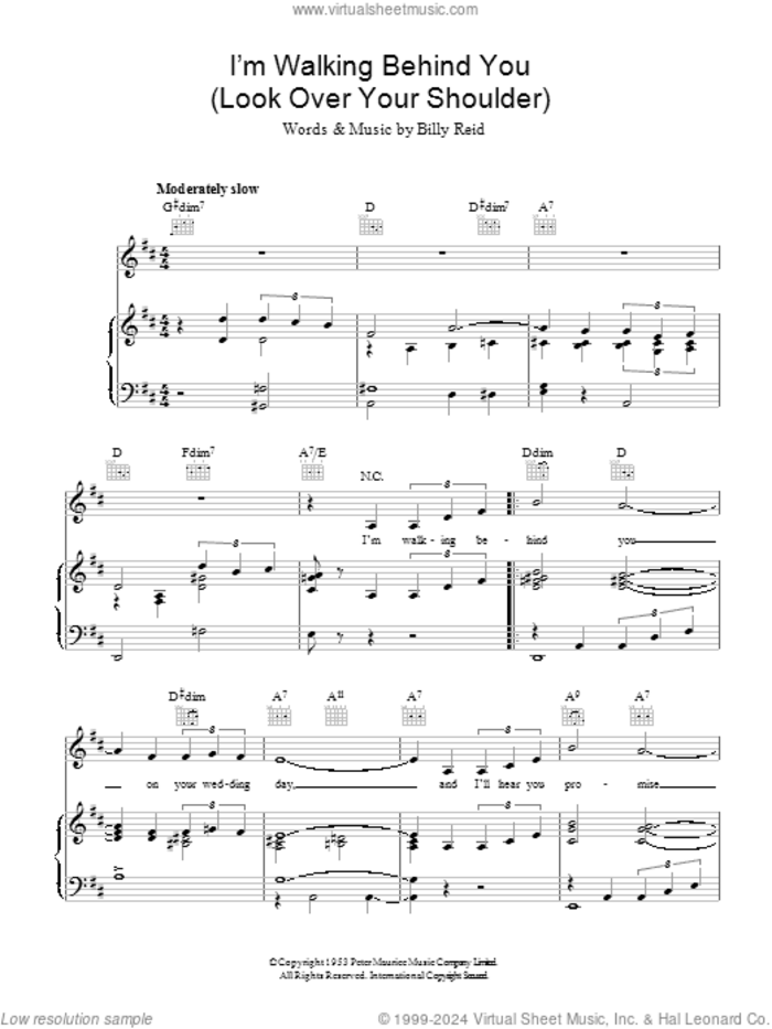 I'm Walking Behind You (Look Over Your Shoulder) sheet music for voice, piano or guitar by Frank Sinatra, Eddie Fisher and Billy Reid, intermediate skill level