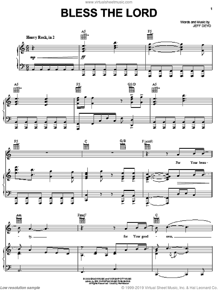 Bless The Lord sheet music for voice, piano or guitar by Jeff Deyo, intermediate skill level