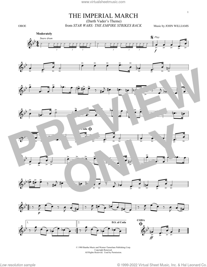 The Imperial March (Darth Vader's Theme) (from Star Wars: The Empire Strikes Back) sheet music for oboe solo by John Williams, intermediate skill level