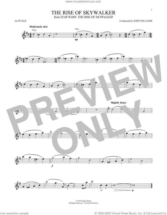 The Rise Of Skywalker (from Star Wars: The Rise Of Skywalker) sheet music for alto saxophone solo by John Williams, intermediate skill level