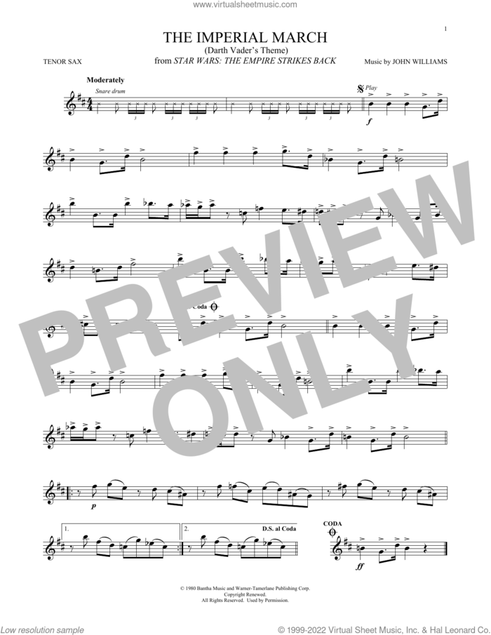 The Imperial March (Darth Vader's Theme) (from Star Wars: The Empire Strikes Back) sheet music for tenor saxophone solo by John Williams, intermediate skill level