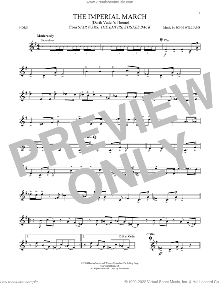 The Imperial March (Darth Vader's Theme) (from Star Wars: The Empire Strikes Back) sheet music for horn solo by John Williams, intermediate skill level