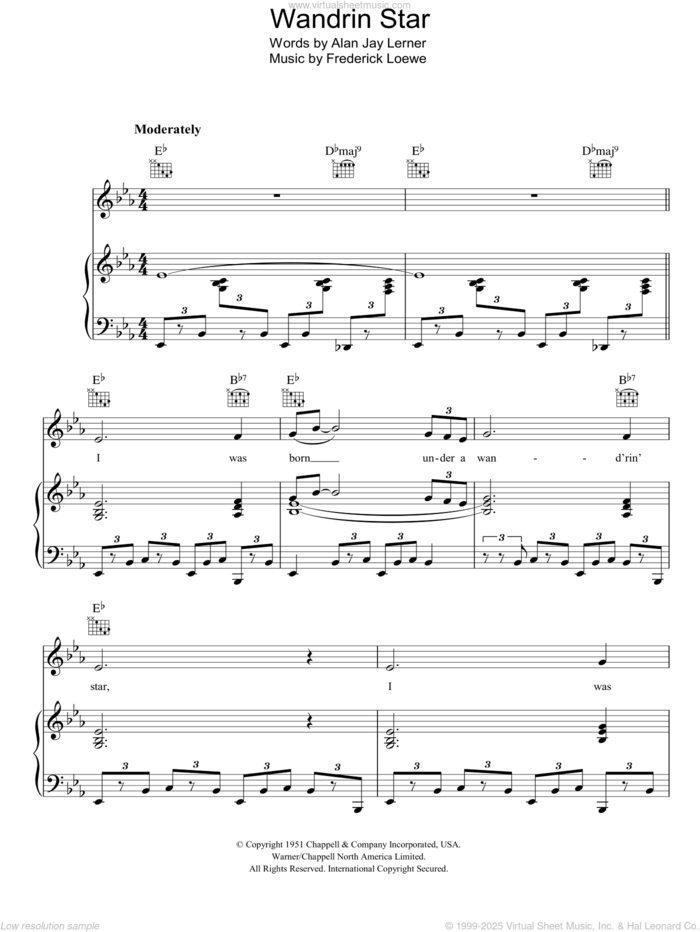 Wand'rin' Star (from Paint Your Wagon) sheet music for voice, piano or guitar by Lee Marvin, Frederick Loewe and Alan Jay Lerner, intermediate skill level