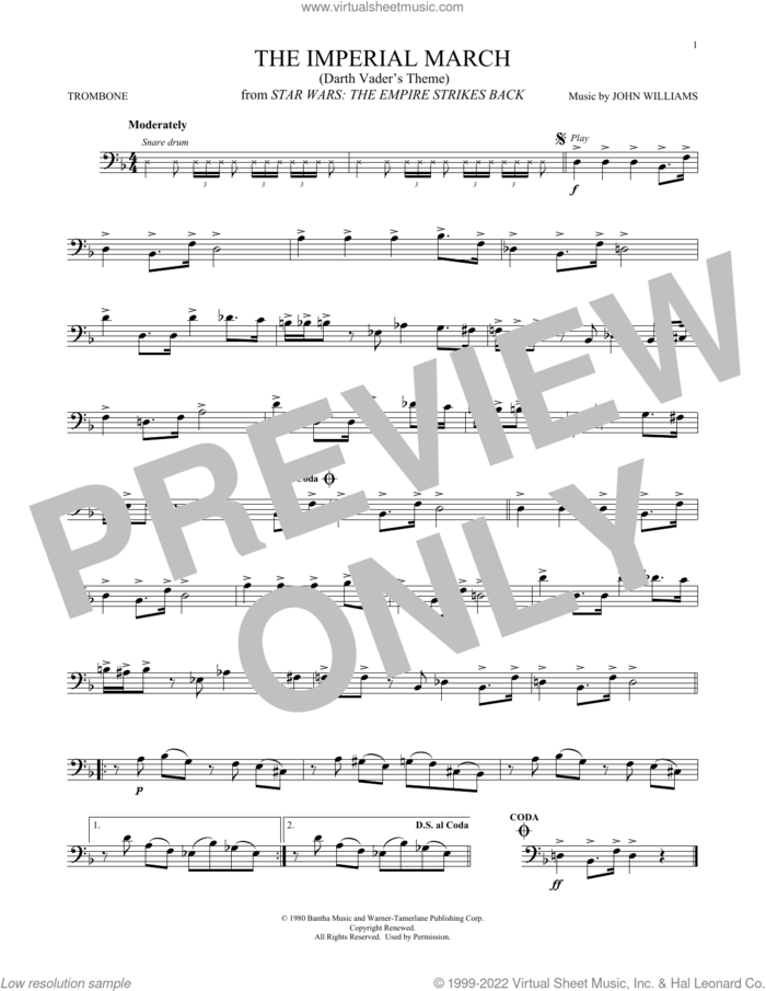 The Imperial March (Darth Vader's Theme) (from Star Wars: The Empire Strikes Back) sheet music for trombone solo by John Williams, intermediate skill level