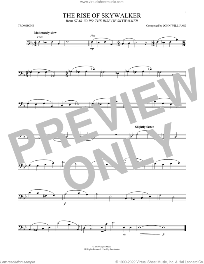The Rise Of Skywalker (from Star Wars: The Rise Of Skywalker) sheet music for trombone solo by John Williams, intermediate skill level