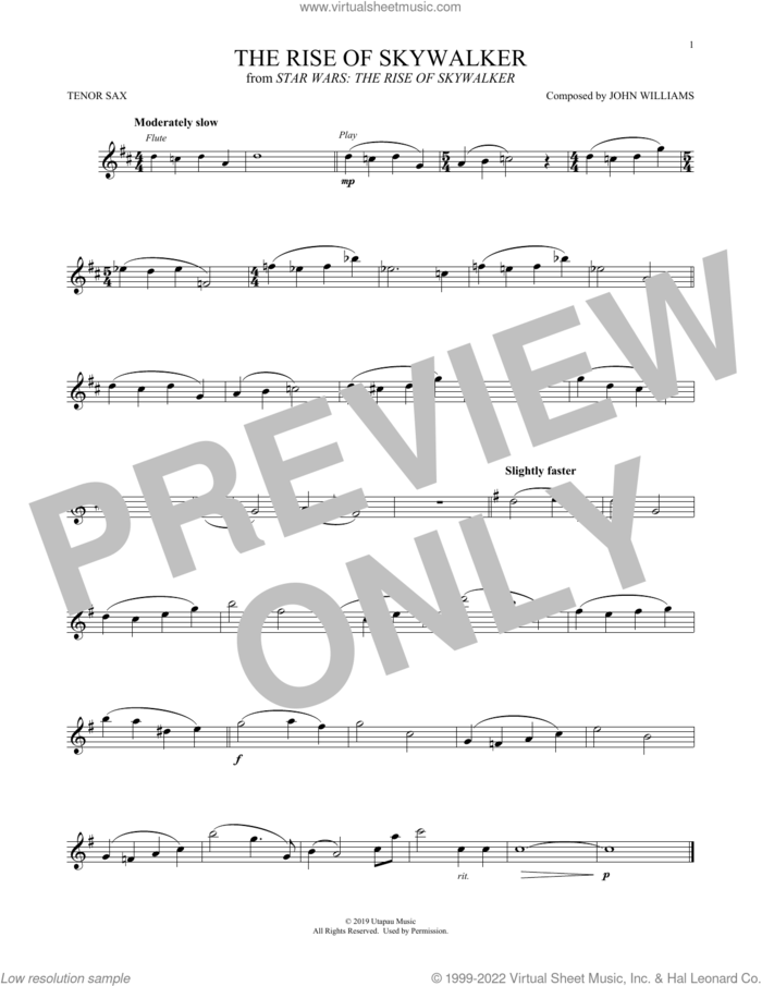 The Rise Of Skywalker (from Star Wars: The Rise Of Skywalker) sheet music for tenor saxophone solo by John Williams, intermediate skill level