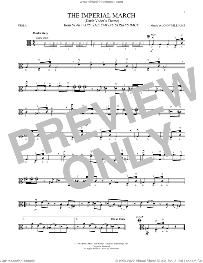 The Imperial March (Darth Vader's Theme) (from Star Wars: The Empire Strikes Back) sheet music for viola solo by John Williams, intermediate skill level