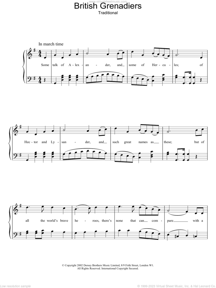 British Grenadiers sheet music for voice, piano or guitar, intermediate skill level