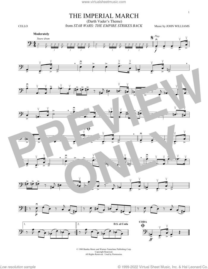 The Imperial March (Darth Vader's Theme) (from Star Wars: The Empire Strikes Back) sheet music for cello solo by John Williams, intermediate skill level