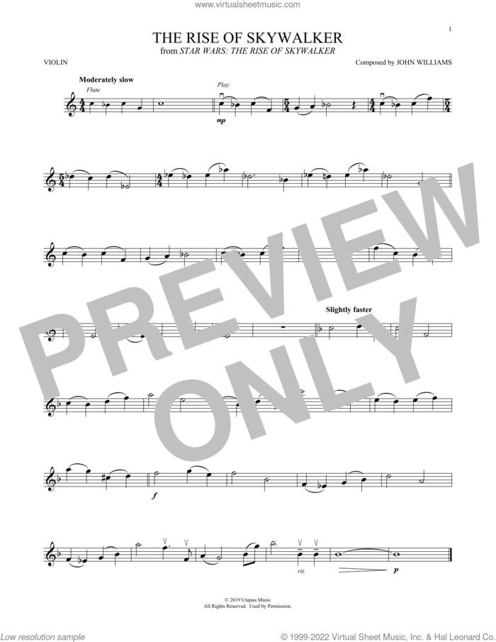 The Rise Of Skywalker (from Star Wars: The Rise Of Skywalker) sheet music for violin solo by John Williams, intermediate skill level