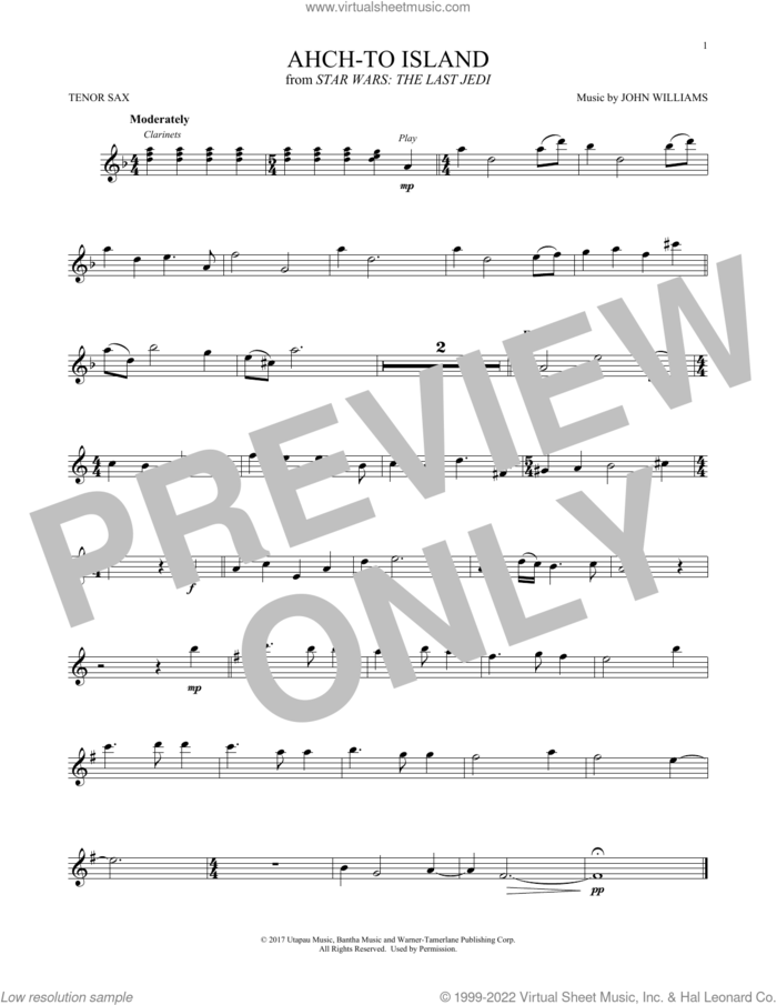 Ahch-To Island (from Star Wars: The Last Jedi) sheet music for tenor saxophone solo by John Williams, intermediate skill level