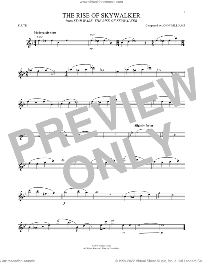 The Rise Of Skywalker (from Star Wars: The Rise Of Skywalker) sheet music for flute solo by John Williams, intermediate skill level