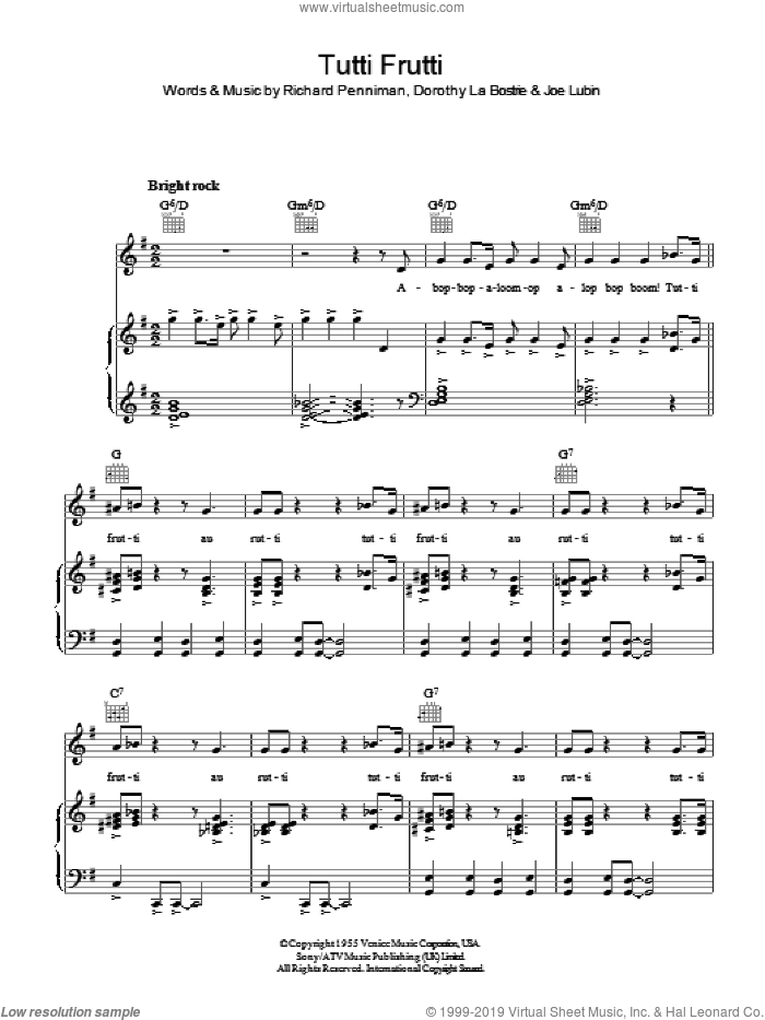 Tutti Frutti sheet music for voice, piano or guitar by Little Richard, Chuck Berry, Dorothy La Bostrie, Joe Lubin and Richard Penniman, intermediate skill level