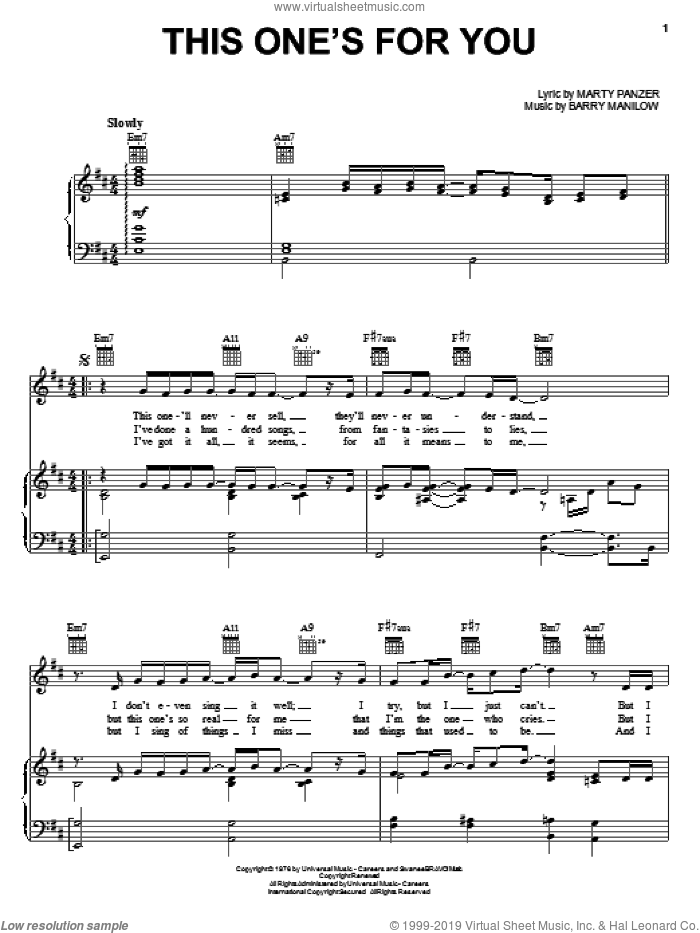 This One's For You sheet music for voice, piano or guitar by Barry Manilow and Marty Panzer, intermediate skill level