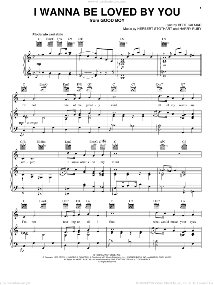 I Wanna Be Loved By You sheet music for voice, piano or guitar by Marilyn Monroe, Bert Kalmar, Harry Ruby and Herbert Stothart, intermediate skill level