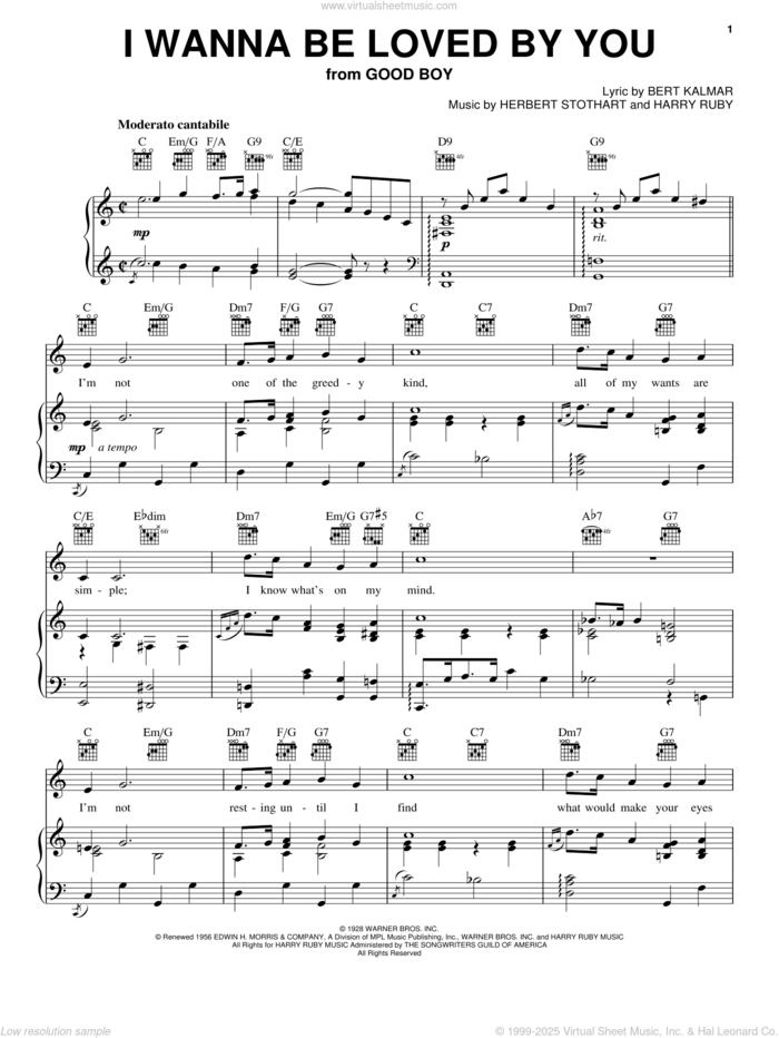 I Wanna Be Loved By You sheet music for voice, piano or guitar by Marilyn Monroe, Bert Kalmar, Harry Ruby and Herbert Stothart, intermediate skill level