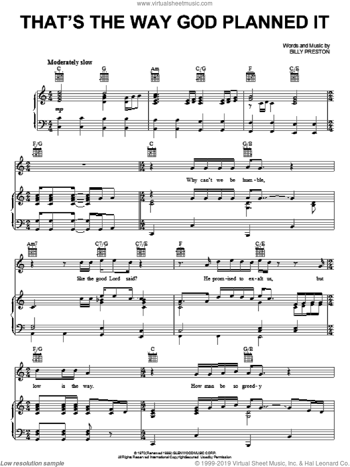 That's The Way God Planned It sheet music for voice, piano or guitar by Billy Preston, intermediate skill level